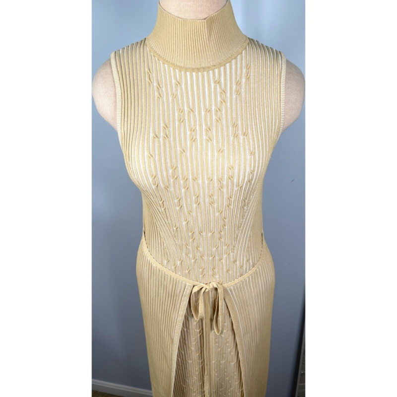 NWT Cult Gaia Knitted Liora Front Wrap Midi Dress in Off White Sand Size Large