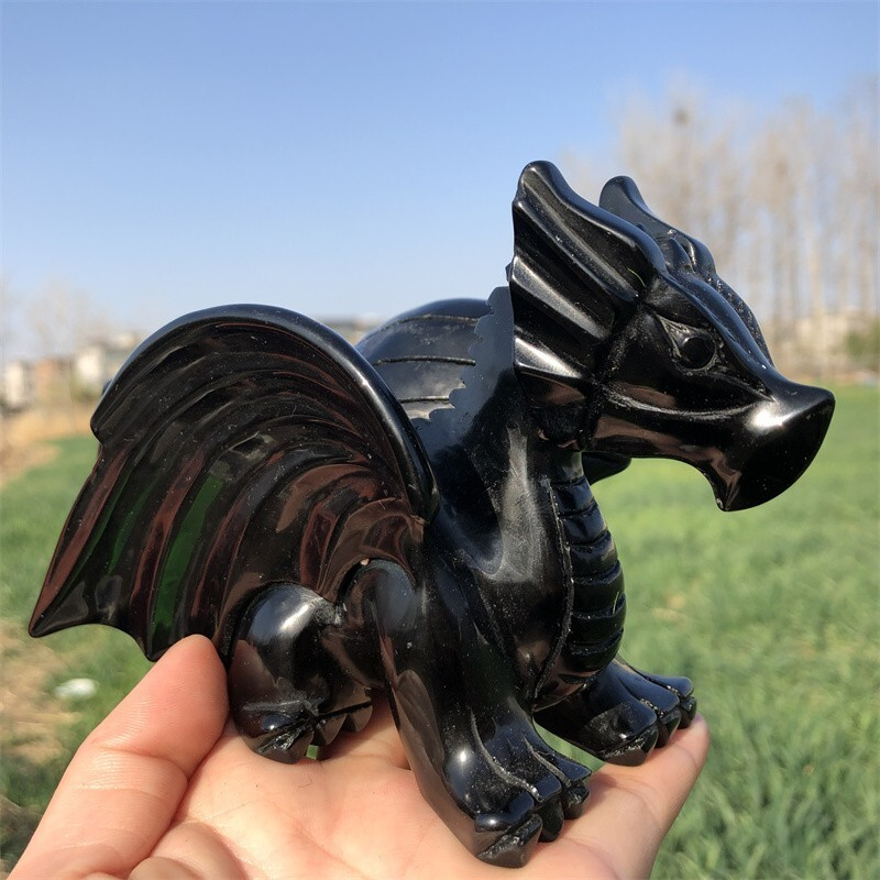 0.63kg Natural obsidian Quartz hand Carved Flying dragon crystal Reiki healing