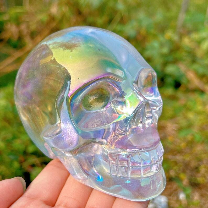 Titanium Rainbow Clear Melting stone Crystal Skull Reiki Heal Mineral Samples