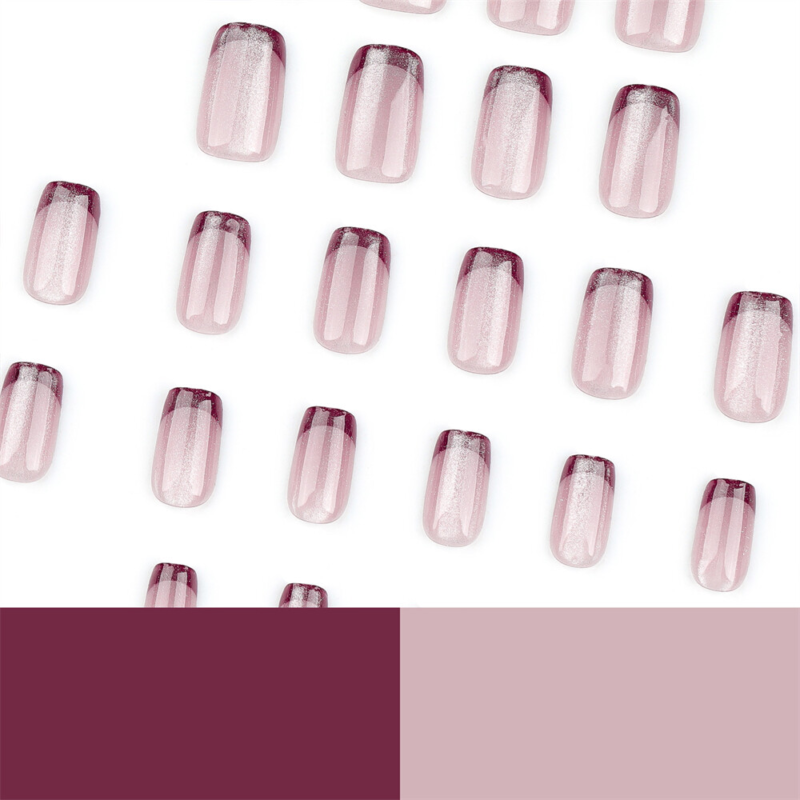 Square Short Press-On False Nail Nude Color Cat&apos;s Eye Red French Manicure 24pcs