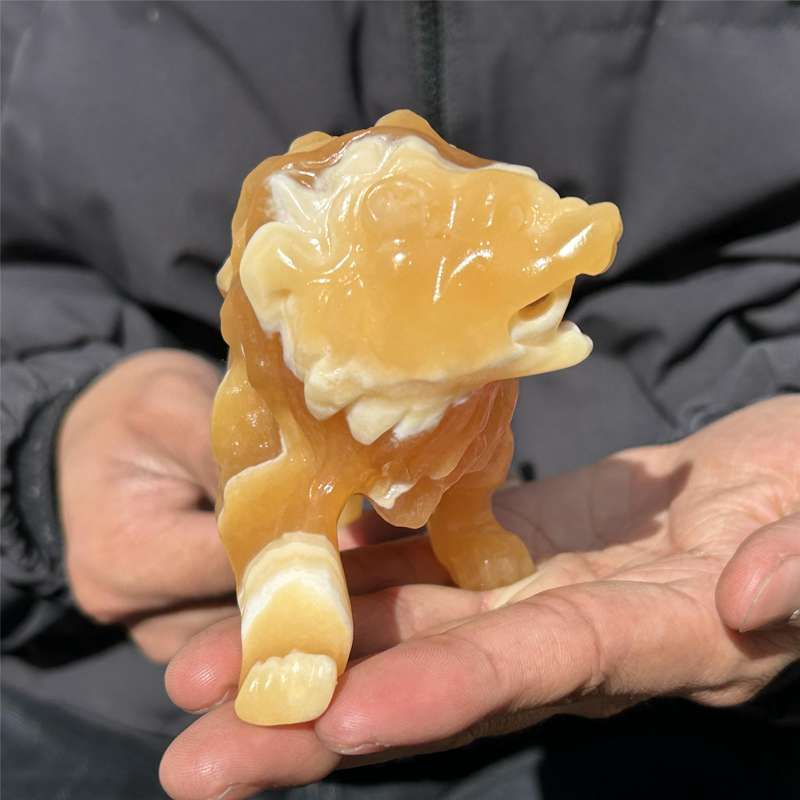 0.56kg Natural yellow calcite lion skull carved Quartz Crystal skull Healing