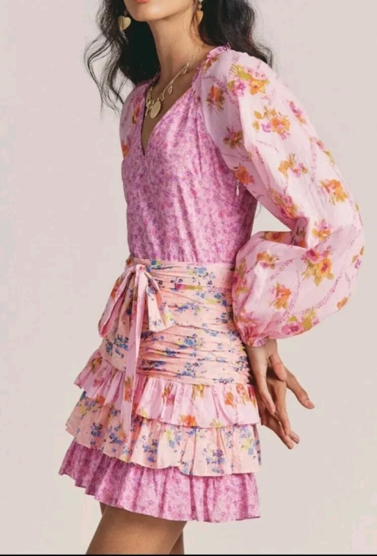LOVESHACKFANCY Rina Floral Print Ruffled Mini Dress, Exploded Pink Size 00
