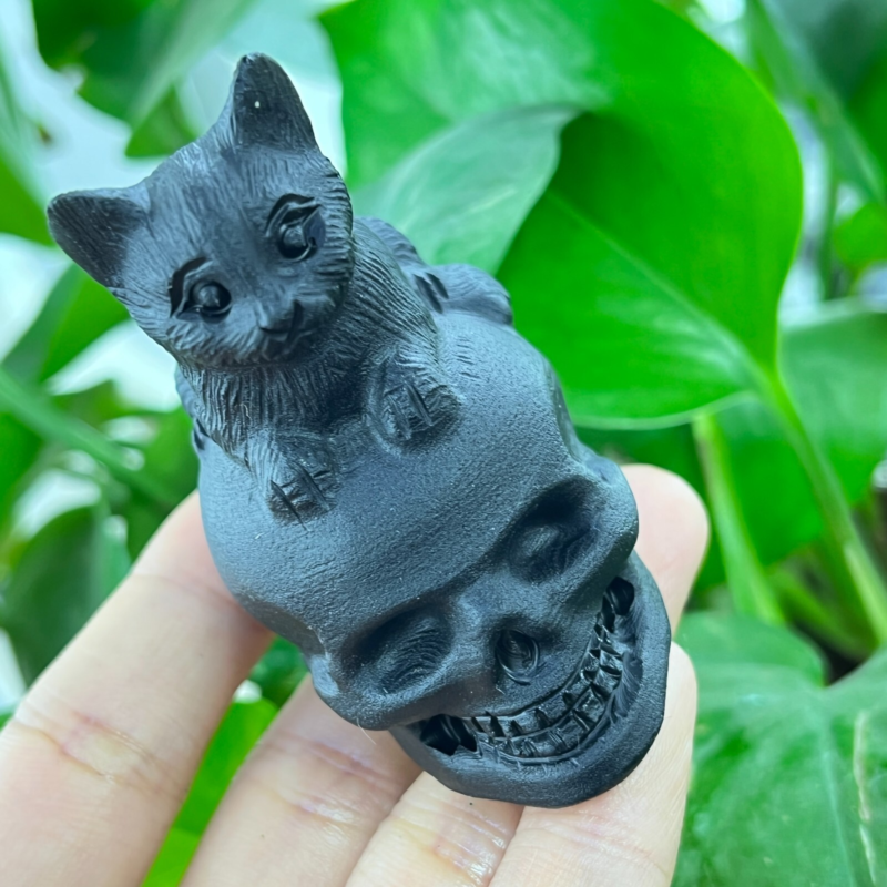 1pc Natural obsidian cat hand carved quartz crystal animal skull Reiki gift 2"