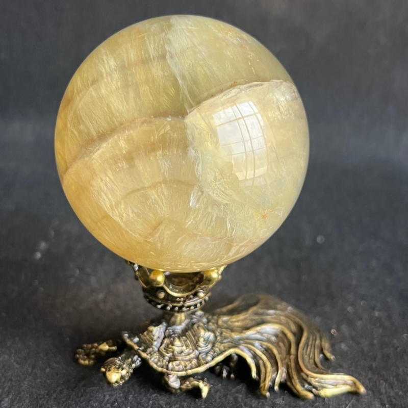 269G  Natural yellow fluorite quartz crystal ball sphere healing+stand