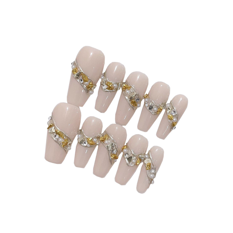 10PCS Handmade Fake Nail Nude Color Sparkling Coffin Press on Nails for Nail Art