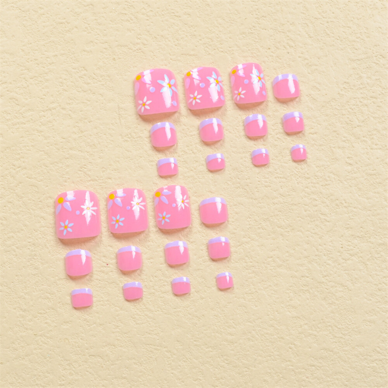 Summer Pink Toe Press-On Fake Nail Colorful Flowers Purple French Pedicure 24pcs