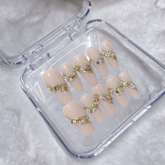 10PCS Handmade Fake Nail Nude Color Sparkling Coffin Press on Nails for Nail Art