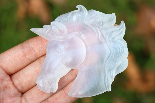 3.1" Hand Carved Natural Gypsum Unicorn Reiki Crystal Skull Decor Gift 1pc