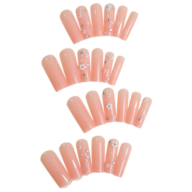 Nude Color Flowers False Nail Long Square Press on Nails for Nail Art 24pcs