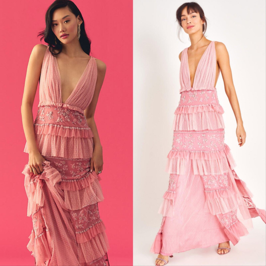 LoveShackFancy NEW NWT Estate Embellished Tiered Ruffle Maxi Dress Sweet Pink