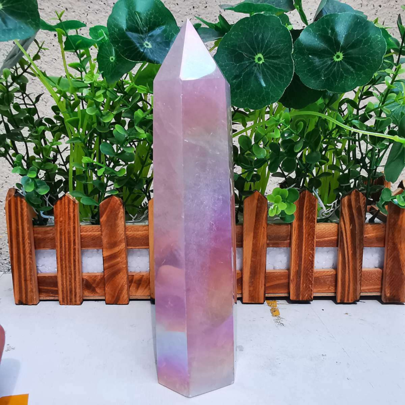 785g electroplated natural pink rose quartz obelisk rainbow crystal point reiki