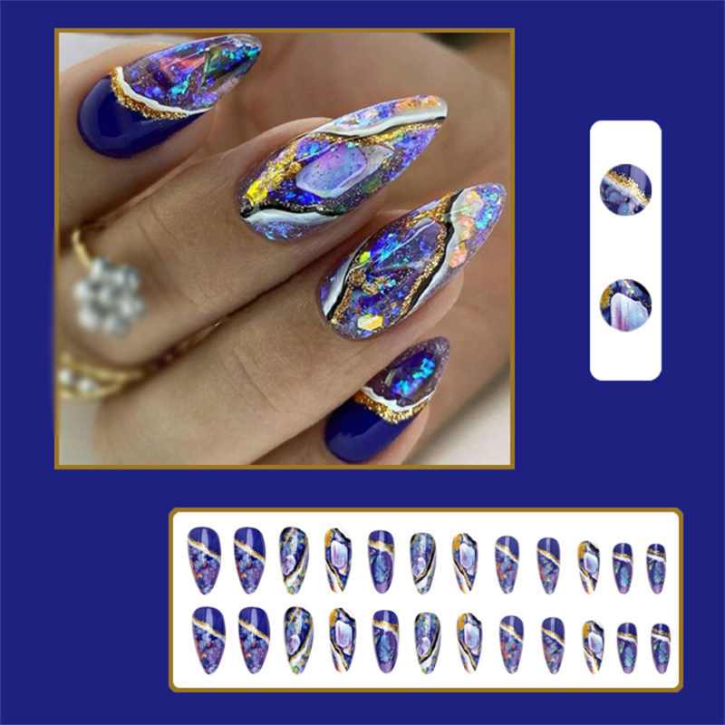 Shiny Amber Blooming False Nail Short Almond Press on Nails for Nail Art 24pcs