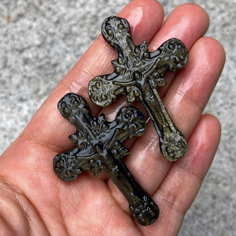 TOP Natural gold Obsidian Quartz cross crystal Hand Carved Healing 1PC