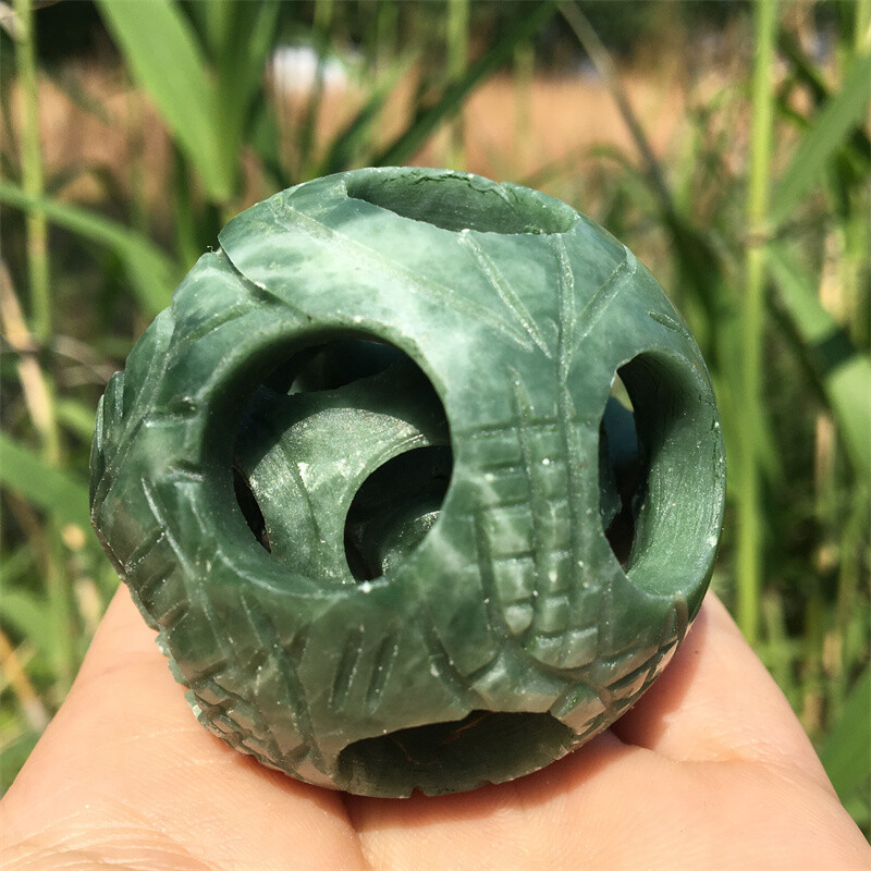 2" Natural green jade Exquisite Carved sphere Quartz Crystal reiki ball care