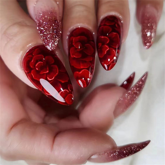 Red Flowers Glitter False Nail Short Almond Press on Nails for Nail Art 24pcs