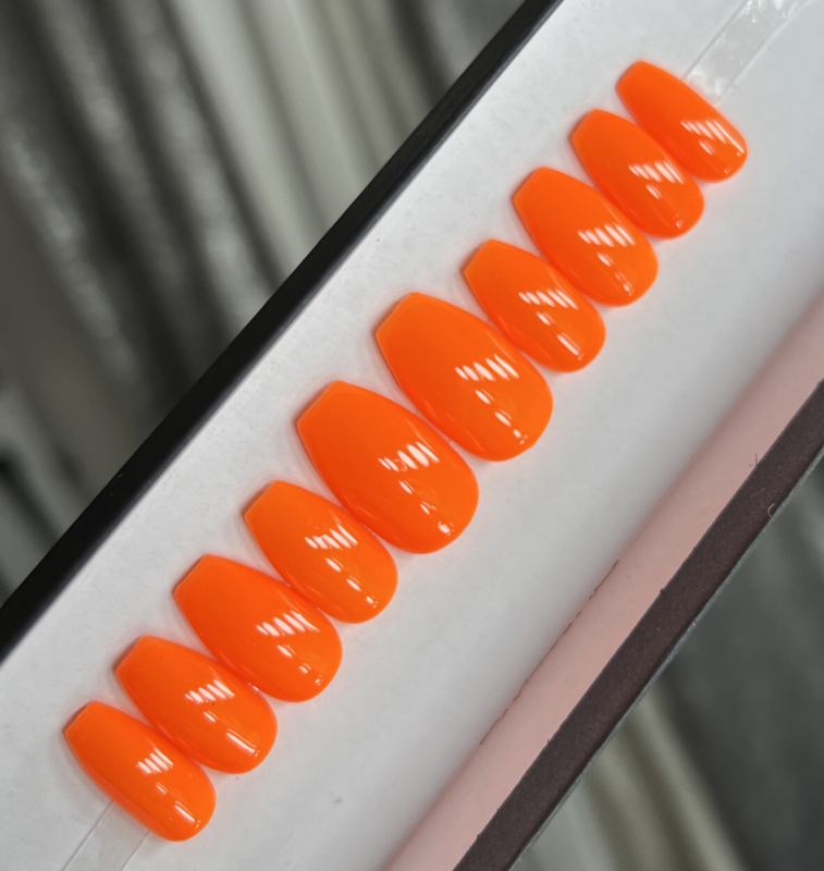 CUSTOM Gel Press On Nails, BLAZING ORANGE , ￼Ballerina short, 10p Set W KIT