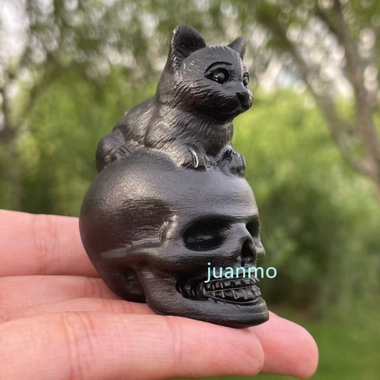 2"Natural obsidian quartz hand carved cat skull gift crystal reiki healing1pc