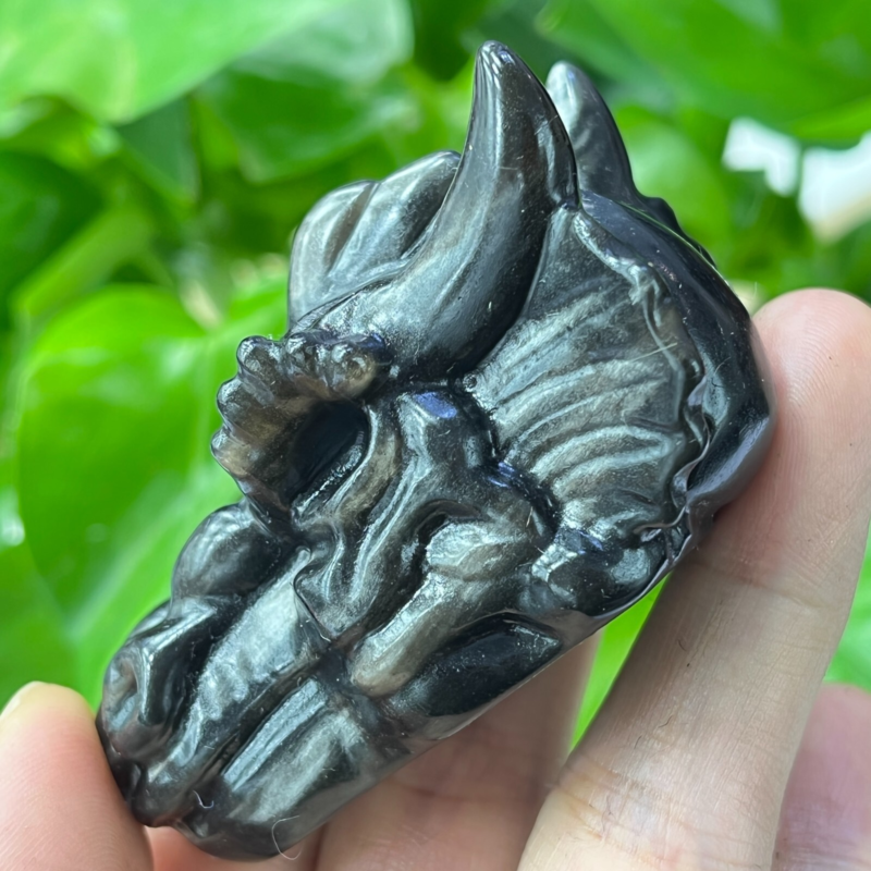 1pc Natural Silver obsidian Dragon hand Carved quartz crystal animal skull 2"+