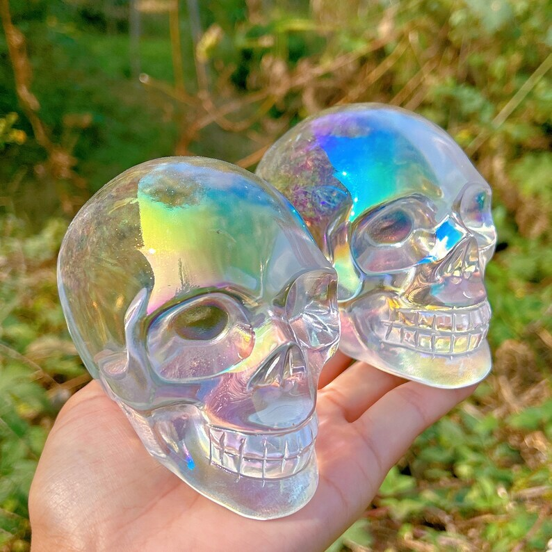 Titanium Rainbow Clear Melting stone Crystal Skull Reiki Heal Mineral Samples