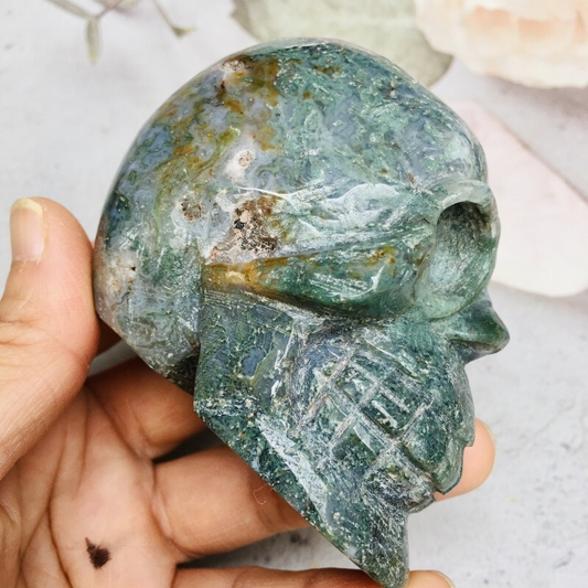 0.423kg moss agate skull Home decoration products crystal