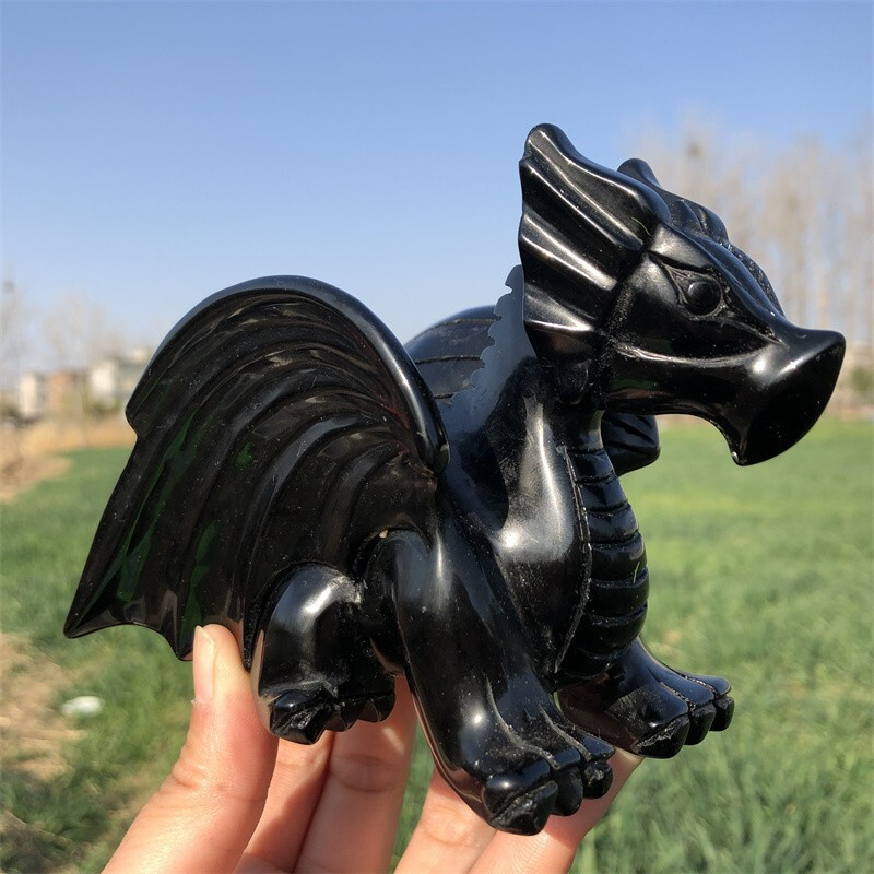 0.63kg Natural obsidian Quartz hand Carved Flying dragon crystal Reiki healing
