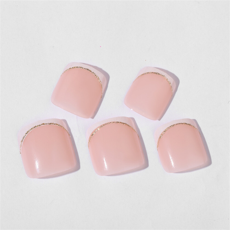Stylish Nude Color Toe Press-On False Nail Glitter White French Pedicure 24pcs