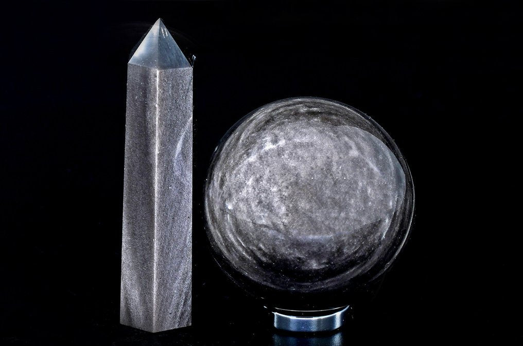 High quality silver Obsidian sphere and point - Height: 8.5 cm - Width: 2.2 cm- 291 g - (2)