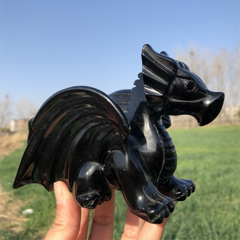 0.63kg Natural obsidian Quartz hand Carved Flying dragon crystal Reiki healing