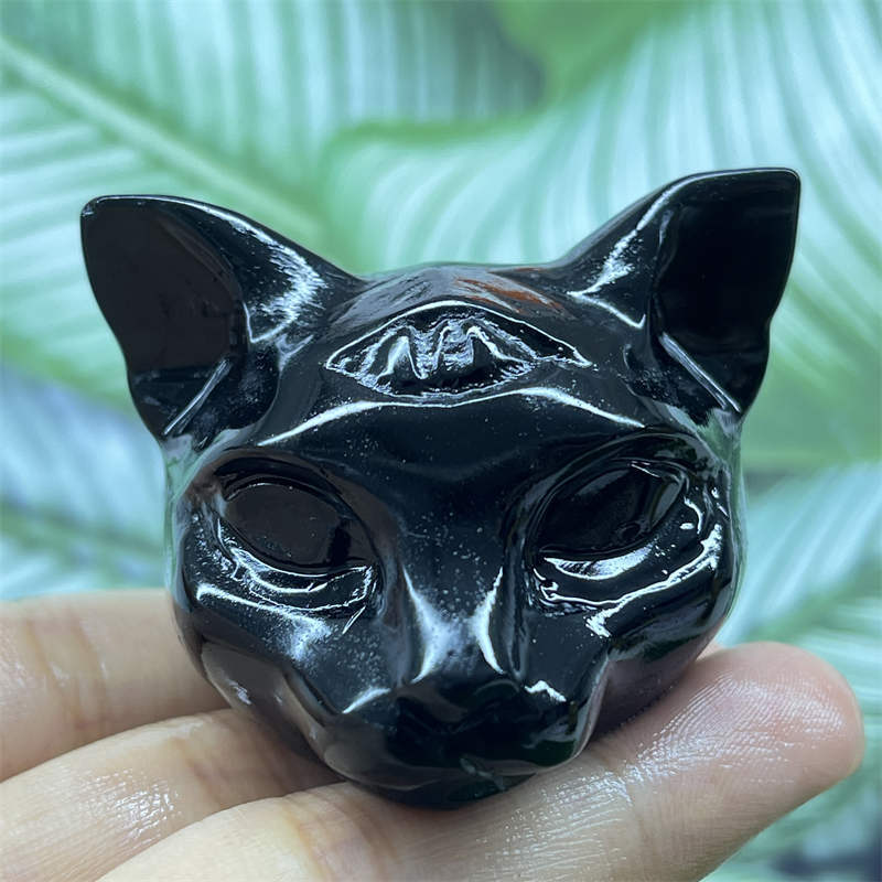 1pc Natural obsidian cat skull hand carved Quartz Crystal animal skull Reiki Hea