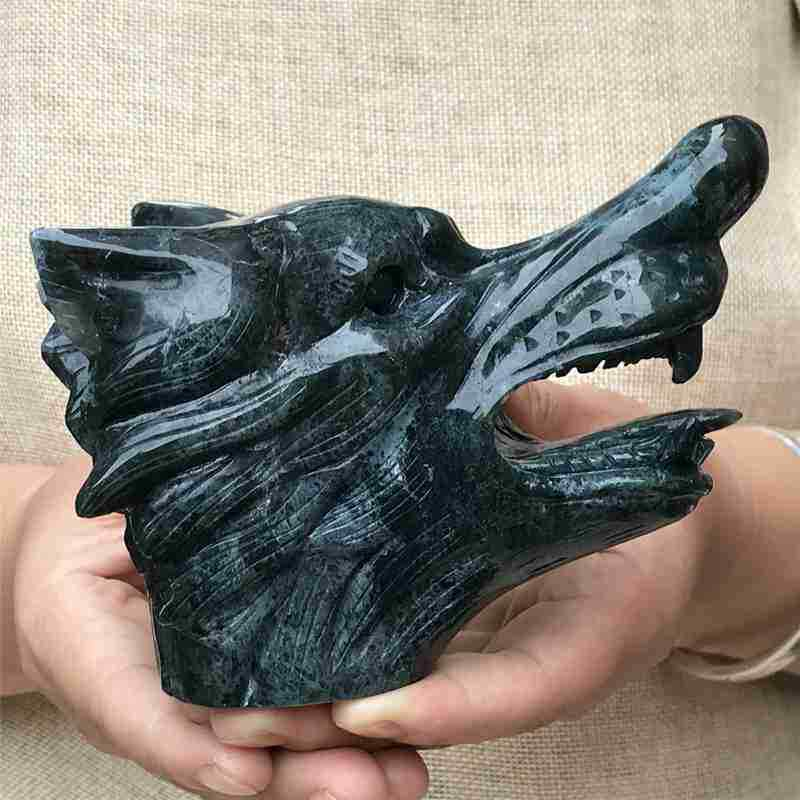 0.77kg Natural moss agate Wolf skull carved Quartz Crystal skull Healing