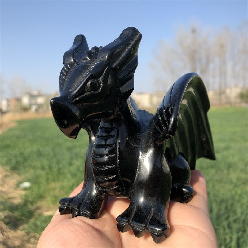 0.63kg Natural obsidian Quartz hand Carved Flying dragon crystal Reiki healing