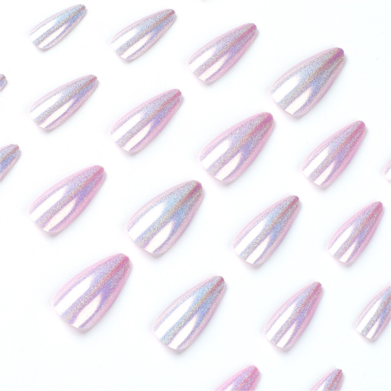 Laser Purple Aurora False Nail Short Almond Press on Nails for Nails Art 24pcs