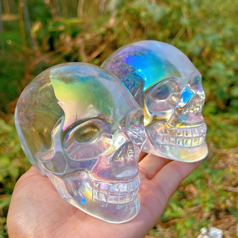 Titanium Rainbow Clear Melting stone Crystal Skull Reiki Heal Mineral Samples
