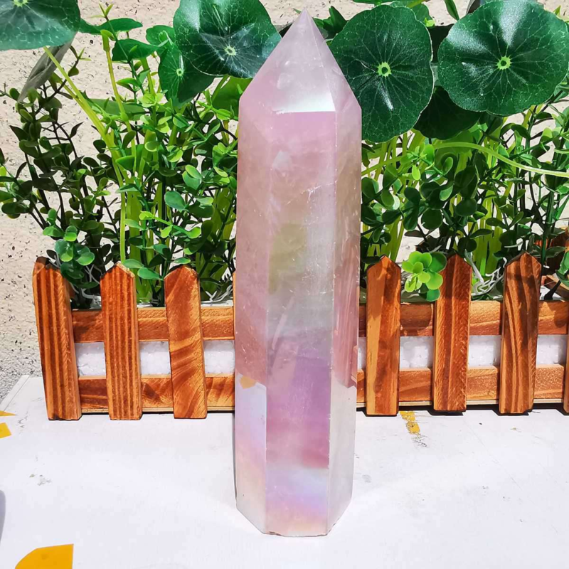 785g electroplated natural pink rose quartz obelisk rainbow crystal point reiki