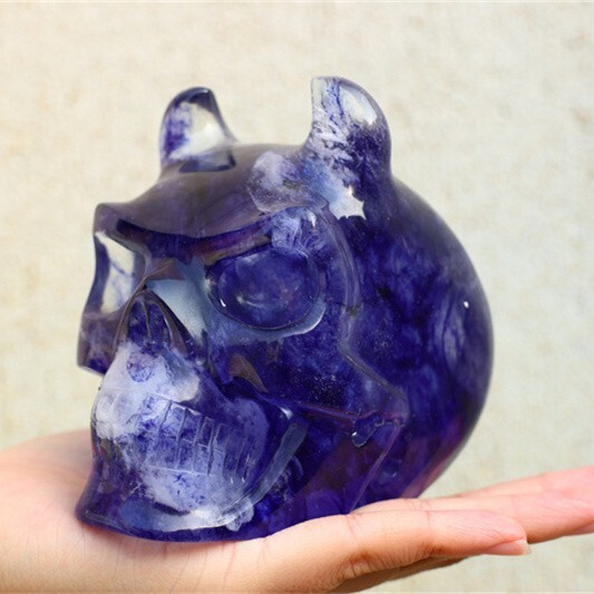 920g Blue Smelting Stone Cow skull Carved Reiki Quartz Crystal Skull Healing Min
