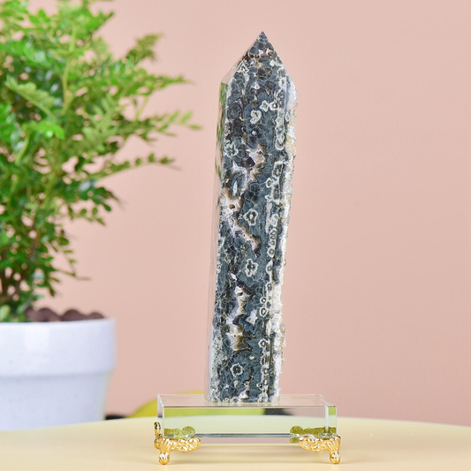 1.34LB Natuar Ocean Jasper Crystal Obelisk Point Wand Stone Quartz Healing