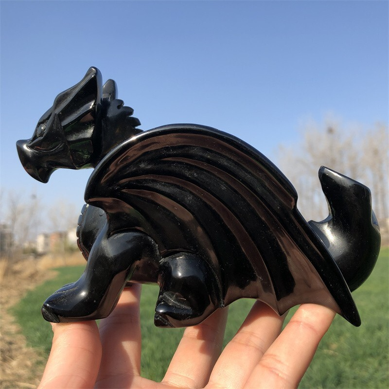 0.63kg Natural obsidian Quartz hand Carved Flying dragon crystal Reiki healing
