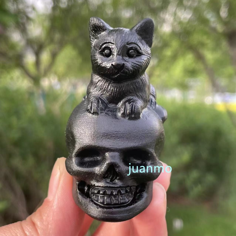 2"Natural obsidian quartz hand carved cat skull gift crystal reiki healing1pc