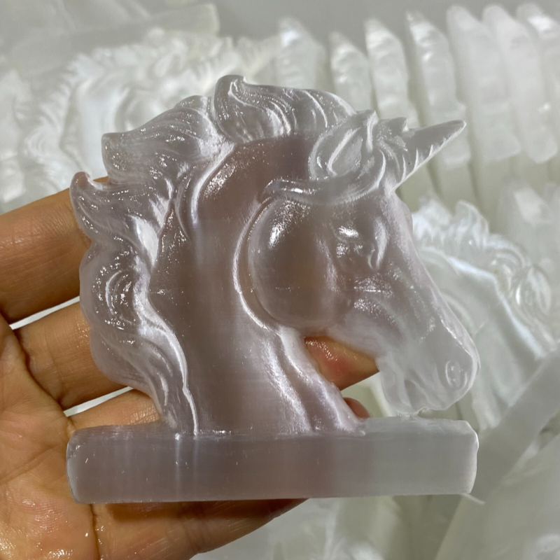 Natural Gypsum Selenite unicorn Hand Carved Quartz Crystal Reiki healing 1PC