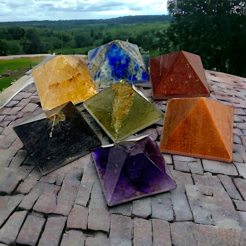 Set of 7- Seven Chakra Crystal Pyramid Healing Meditation Stone Pyramid Reiki
