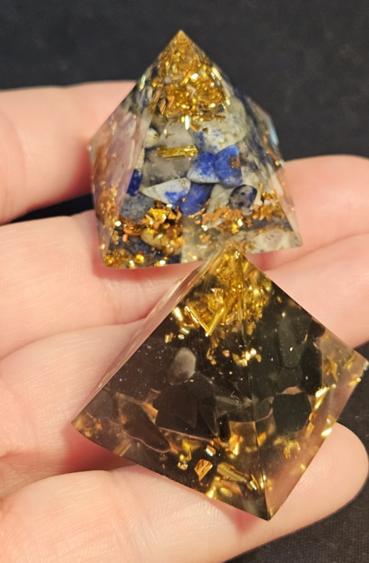 2 Orgonite Resin Pyramids Lapis Lazuli Black Onyx Gold Leaf Stone Chips Reiki