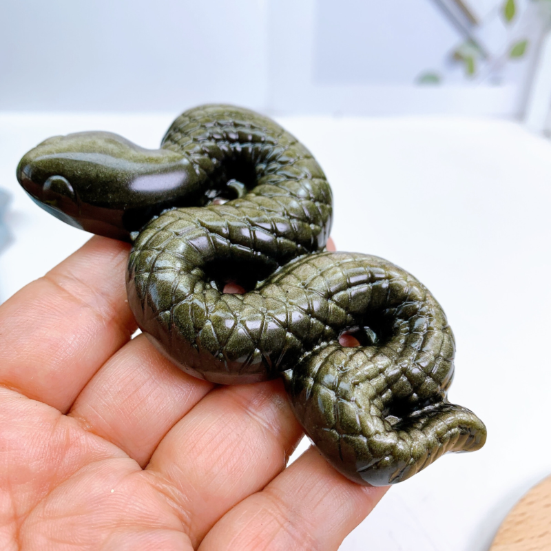 10.5cm Natural Quartz Golden Obsidian Snake Carving Animal Healing Crystal 1pc