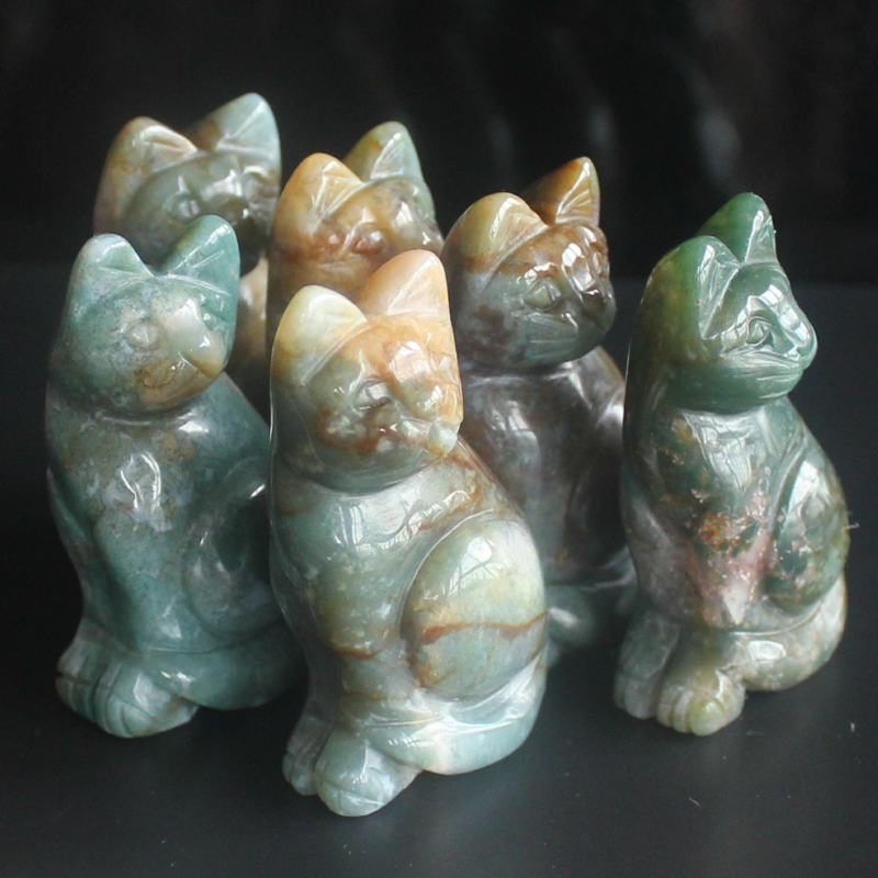 Carved mixed gemstone quartz crystal cat figurine animal carving home decor 2&apos;&apos;