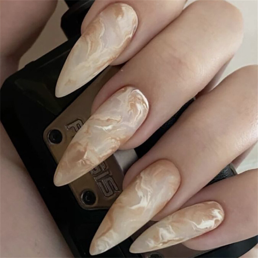 Marbling Blooming False Nail Nude Color Sharp Press on Nails for Nail Art 24pcs