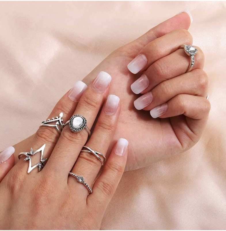 24 Short Press on nails kit w glue OMbre French nude white square