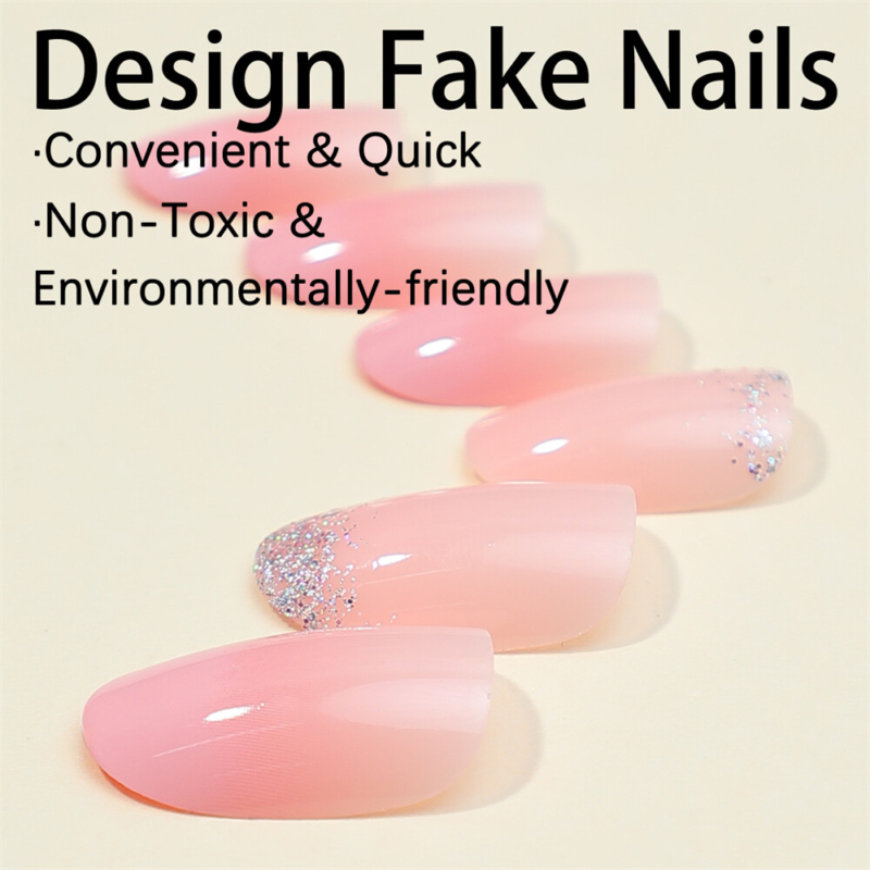 Glitter Gradient Pink False Nail Short Almond Press on Nails for Nail Art 24pcs