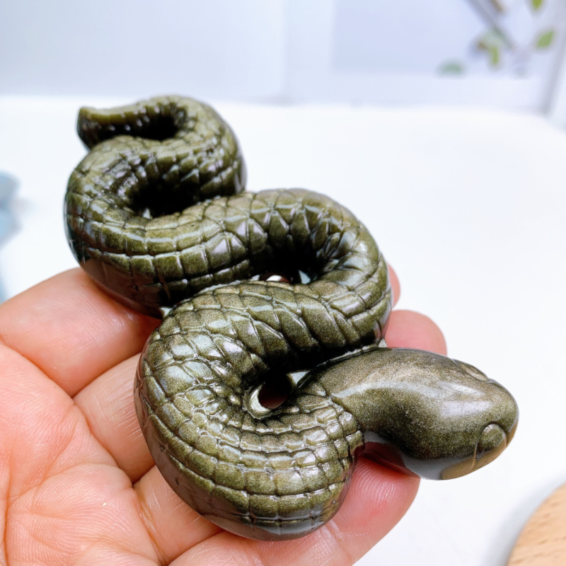 10.5cm Natural Quartz Golden Obsidian Snake Carving Animal Healing Crystal 1pc