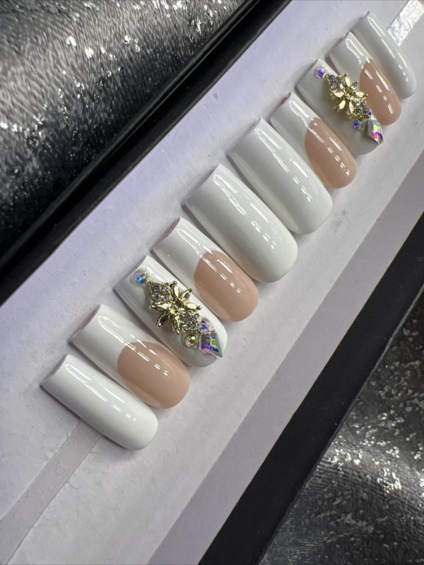 CUSTOM Gel Press On Nails, NUDE FRENCH BLING 10p FULL SET W Kit