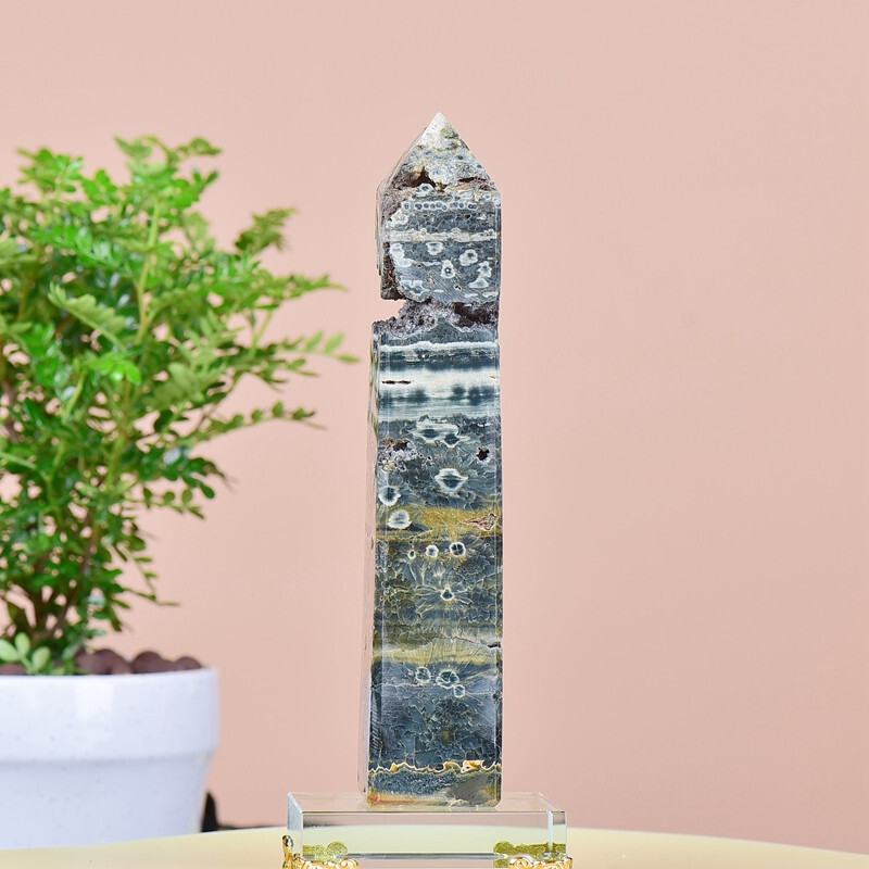 2.27LB  Natuar Ocean Jasper Crystal Obelisk Point Wand Stone Quartz Healing