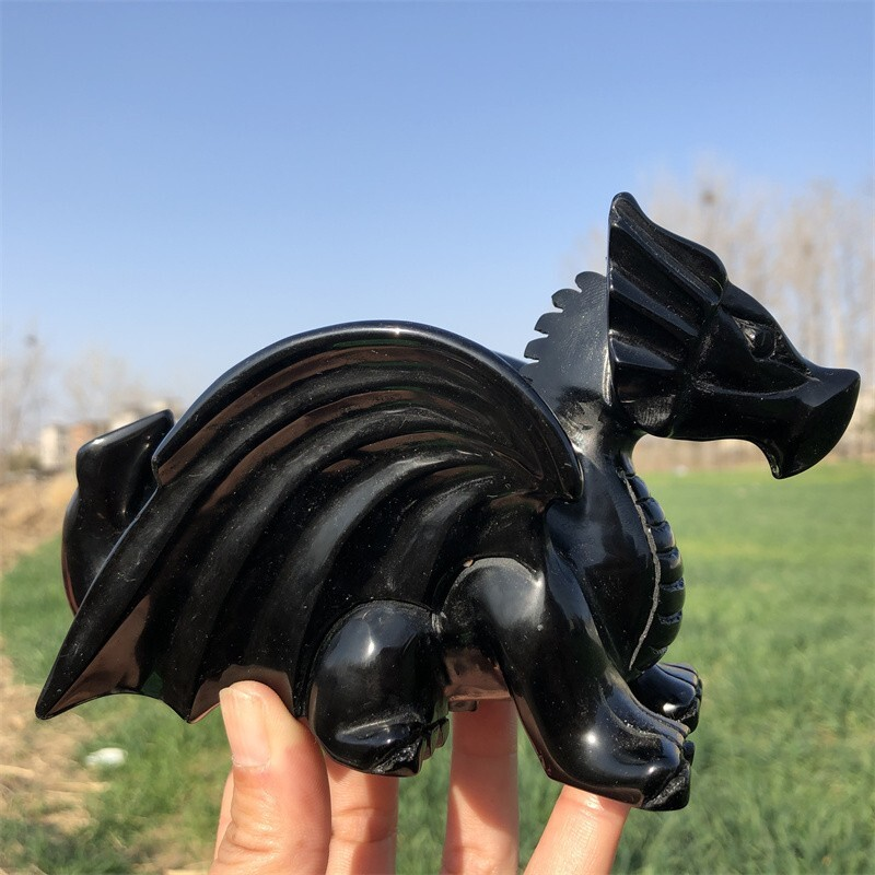 0.63kg Natural obsidian Quartz hand Carved Flying dragon crystal Reiki healing